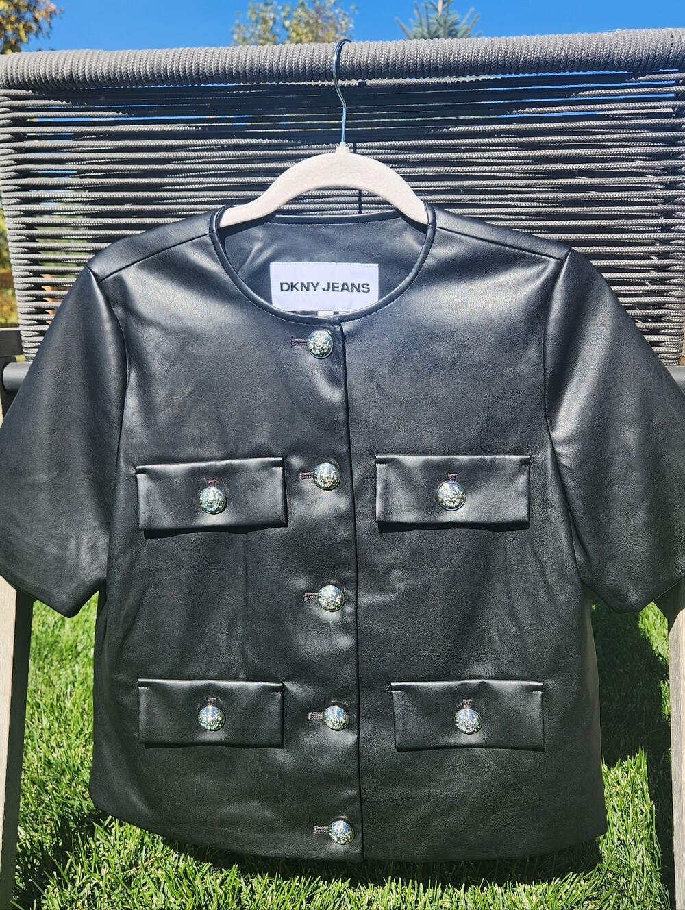 DKNY Black Faux Leather Short-Sleeve Button Jacket